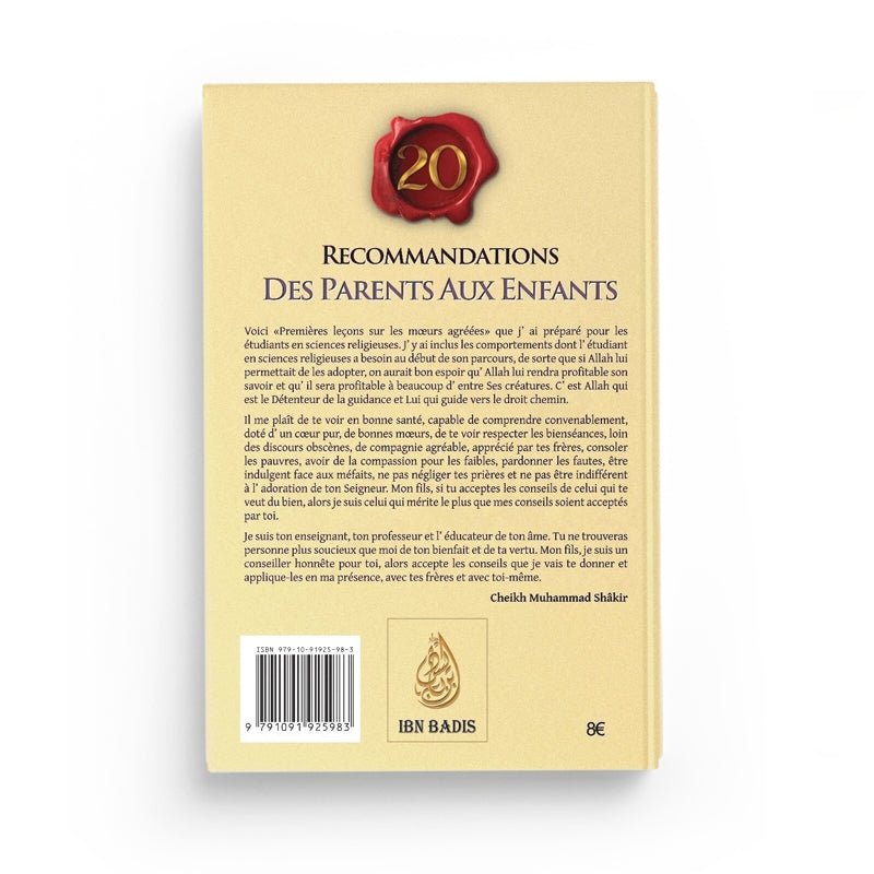 20 Recommandations des parents aux enfants de Muhammad Shâkir - Livres par édition par Ibn Badis disponible chez Al - imen