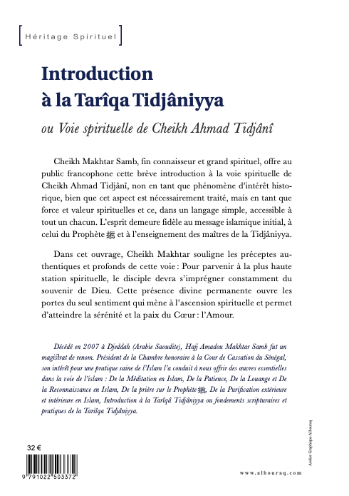  Introduction à la Tarîqa Tidjâniyya : Voie spirituelle du Cheikh Ahmad Tidjânî de Samb Amadou Maktar- Verso