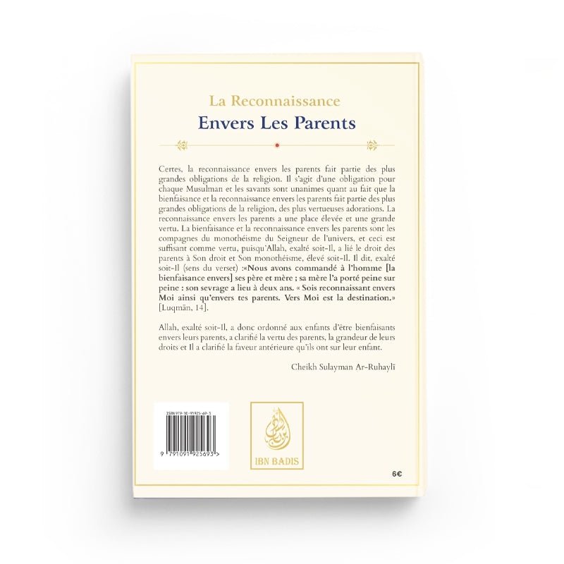 La reconnaissance envers les parents écrit par Ar - Ruhayli - Livres par édition par Ibn Badis disponible chez Al - imen