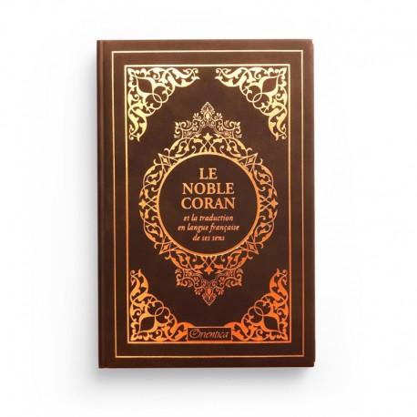 Le Noble Coran café marron doré et la traduction en langue française de ses sens - couverture cartonnée en daim Al - imen