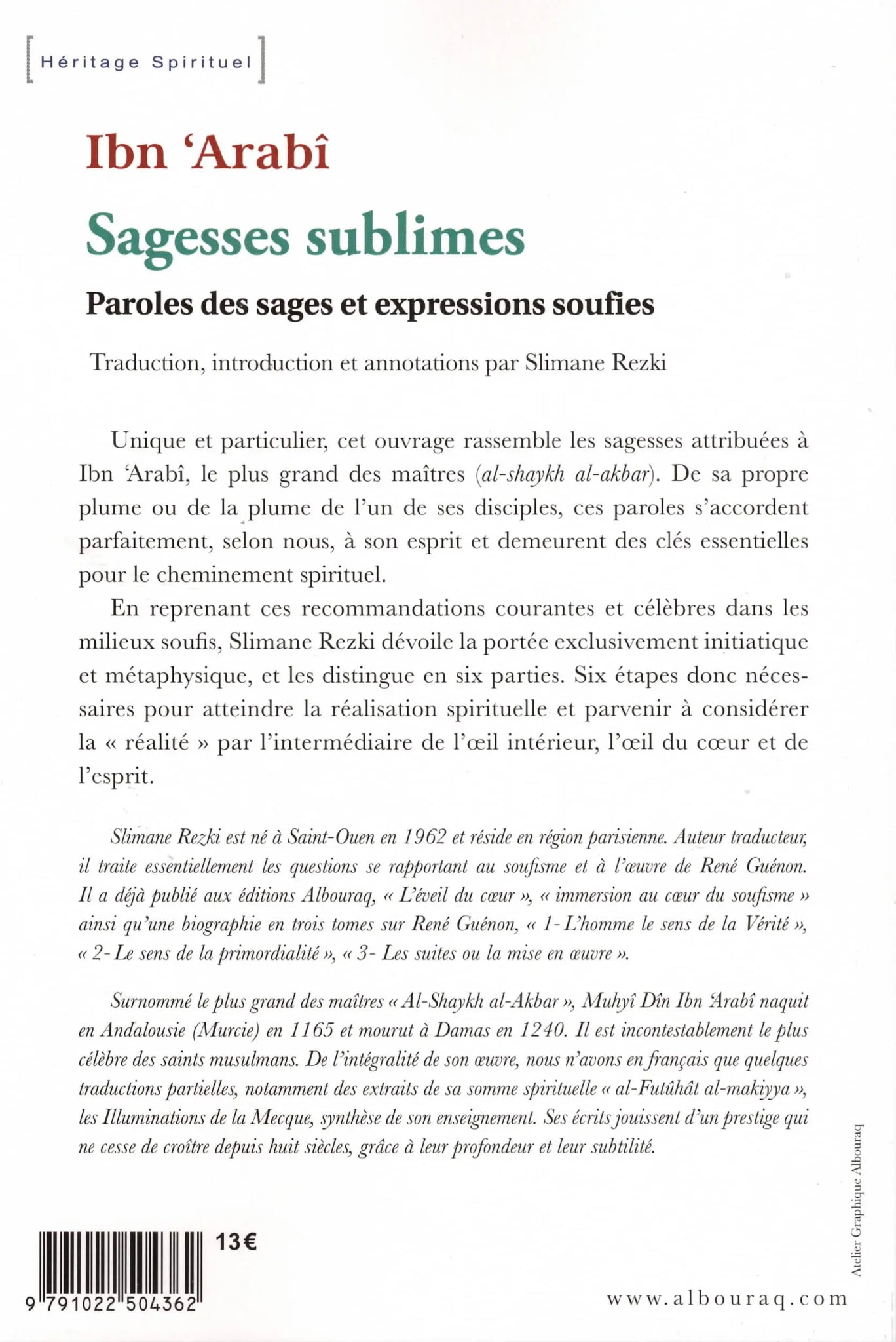 Sagesses sublimes | Ibn ‘Arabî disponible chez Al - imen