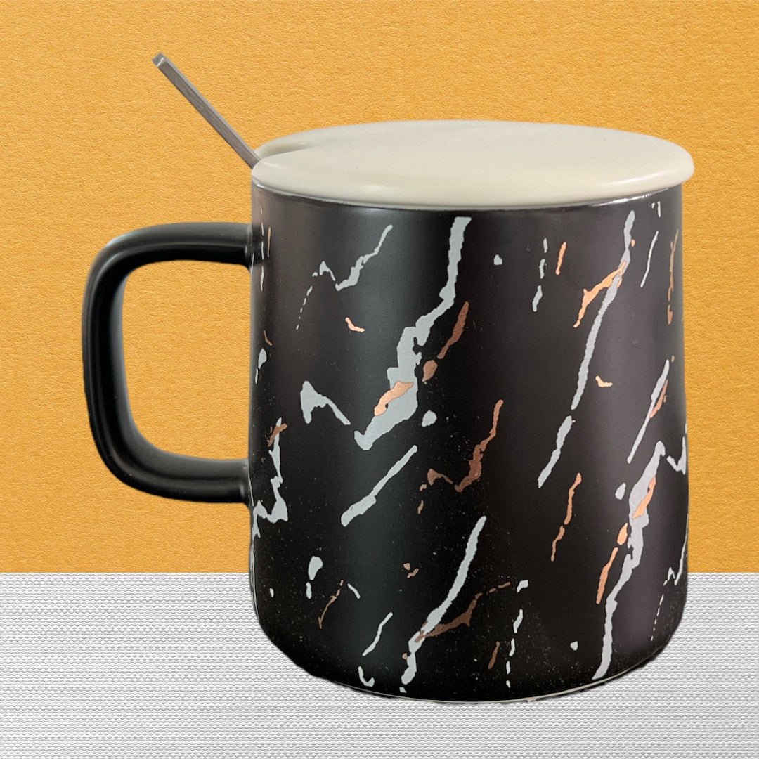 Tasse en céramique effet marbre avec cuillère en métal et couvercle céramique - Mug Moderne et élégant - 250 ml - Décoration par Al - imen disponible chez Al - imen