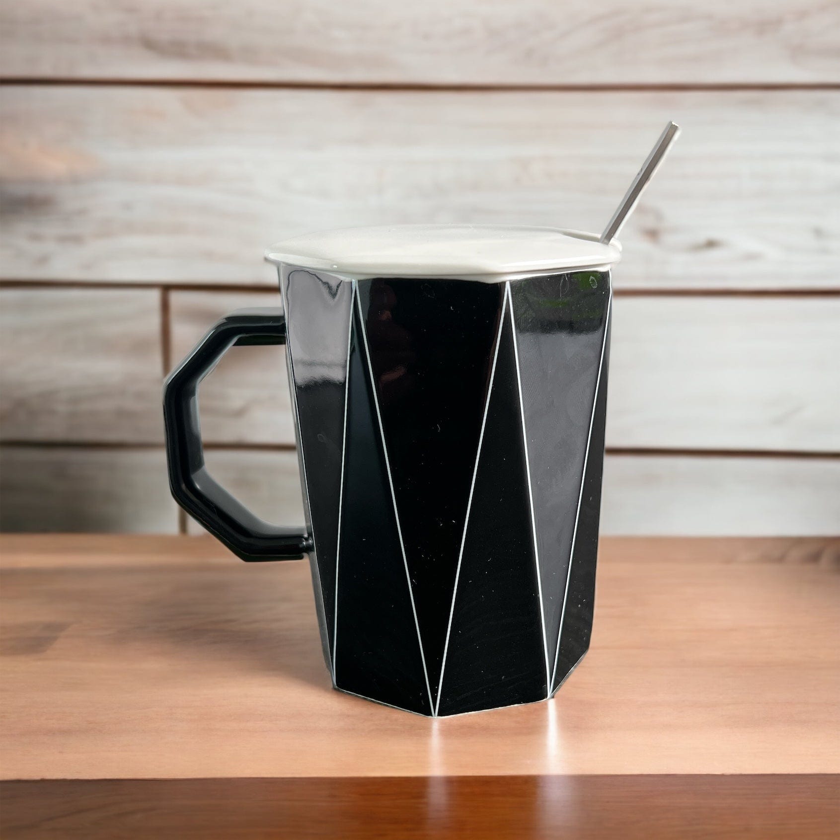 Tasse en céramique géométrique noire " Simple Life" avec cuillère en métal et couvercle céramique - Design moderne - 250 ml Al-imen Décoration 9782492025341 Librairie Musulmane Al-imen